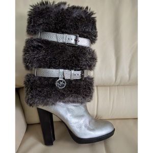 Michael Kors Silver Leather Carlie Fur Heels Boots